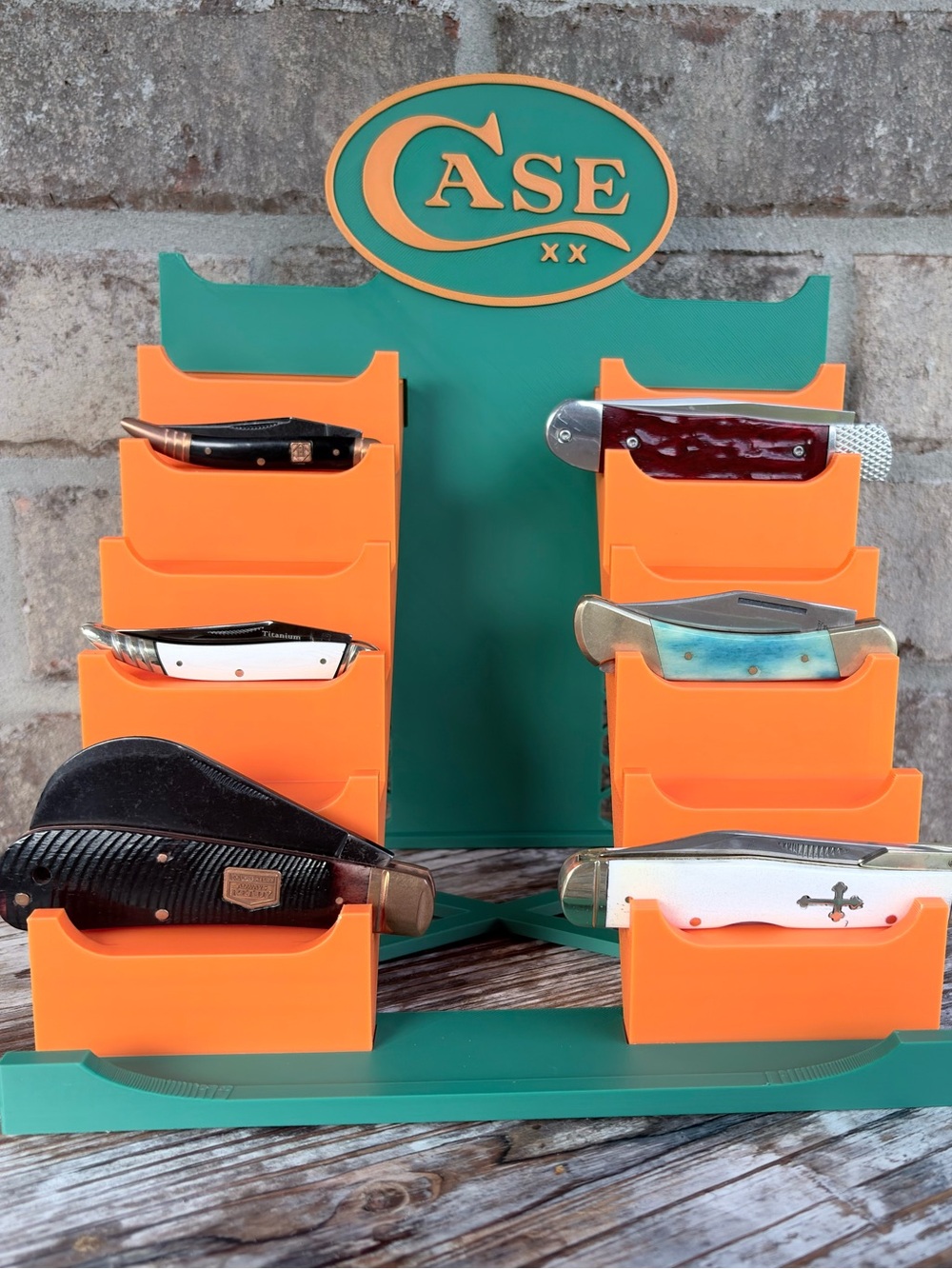 CASE style knife stand display Orange and Green